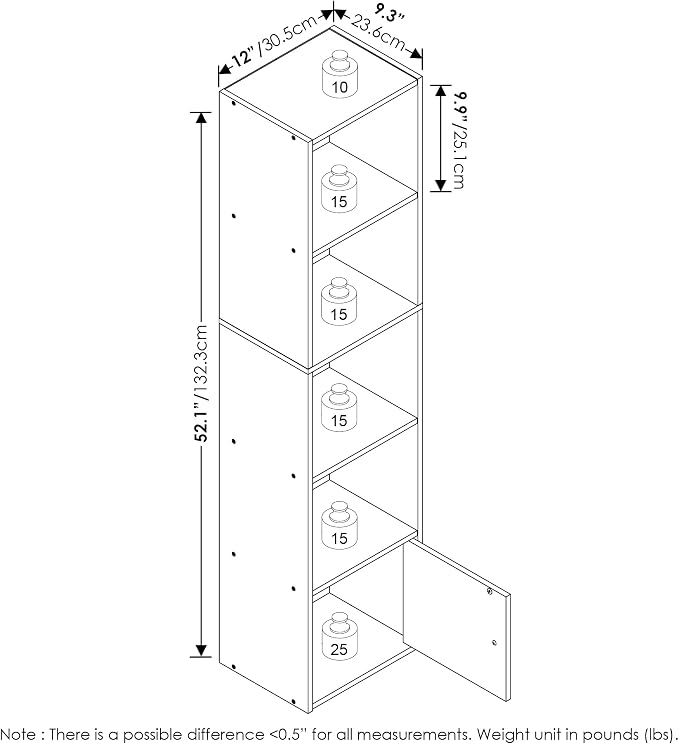 Furinno LUDER Book Shelf, 5-Tier Modern Bookshelf, Bookcase with 1 Door Storage Cabinet, 9.3 x 12 x 52, for Organization and Storage, for Living Room, Bedroom, Home Office, White
