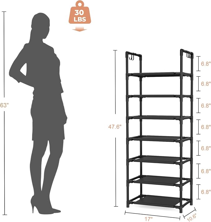 LANTEFUL 7 Tiers Shoe Rack 18-20 Pairs Boots Organizer Storage Sturdy Narrow Shoe Shelf for Entryway, Closets with Hooks, Black