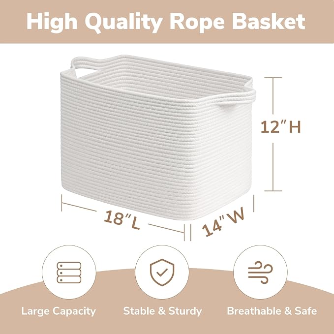 Goodpick 50L Large Cotton Rope Blanket Basket, 18" x 14" x 12", White | Blankets, Pillows & Toys Storage, Living Room & Bedroom Organization, Decorative Storage Basket, Neutral Home Decor