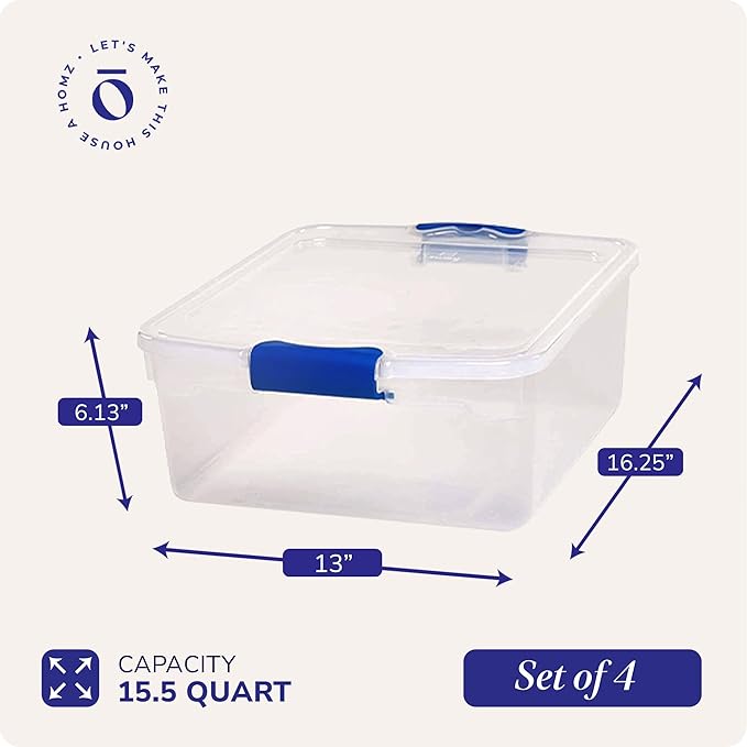 HOMZ Clear Plastic Storage Bins with Latching Lid, 15.5 Qt, Blue, 4 Pack | Stackable Container Set for Home, Office Shelves, Kitchen, Garage, and Bathroom Organization