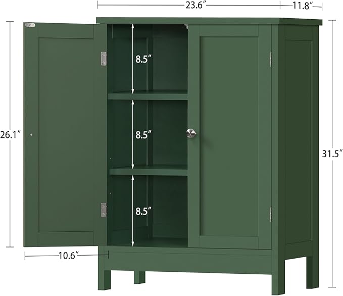 Iwell Bathroom Cabinet, Bathroom Storage Cabinet with 2 Doors & 3 Shelves, 3 Heights Available, for Living Room, Entryway, Home Office, Green