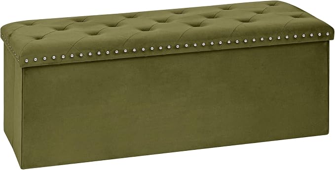 Velvet Storage Ottoman Bench, 43.3" Upholstered Tufted Ottoman with Storage, Folding Footrest Bench for Bedroom, Living Room, or Entryway, Holds up to 660 LBS,Olive