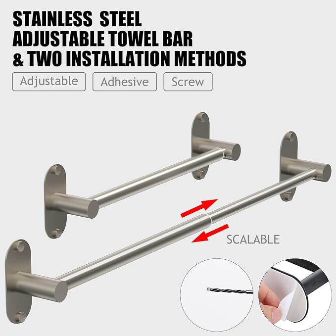Towel Bar, Adjustable 14.4inch - 25.2inch Towel Rack, Self Adhesive & Wall Mounted for Bathroom Kitchen Hand Towel Holder Cloths Hanger SUS 304 Stainless Steel Single Bar (4, Brushed Nickel)