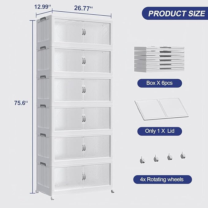 720QT Extra Large Stackable Storage Bins with Lid, 180Gal Plastic Closet Organizers and Storage Drawer, Collapsible Cabinet Box with Wheels Clear Doors for Home Kitchen Office, 6Pack White
