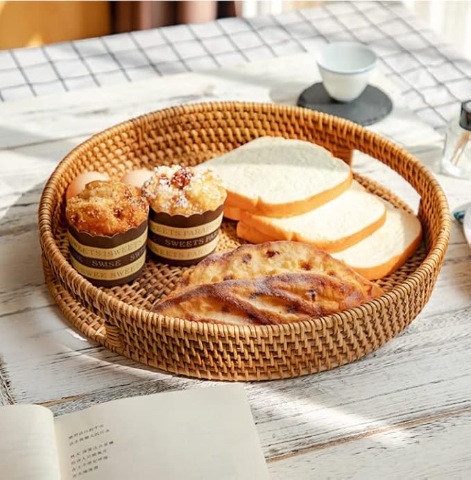 Rattan Round Serving Tray, Decorative Coffee Table Tray, Ottoman Hand Woven Serving Basket with Handles, Wicker Fruit/Bread Serving Basket, 11.8 inch