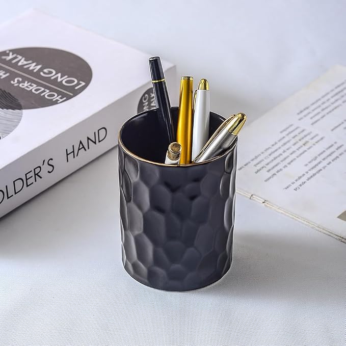 Ceramic Aesthetic Pen Holder for Desk Cute Pencil Holder Cup Pot Desk Organizer for Men Women Makeup Brush Holder Toothbrush Holder (Black)