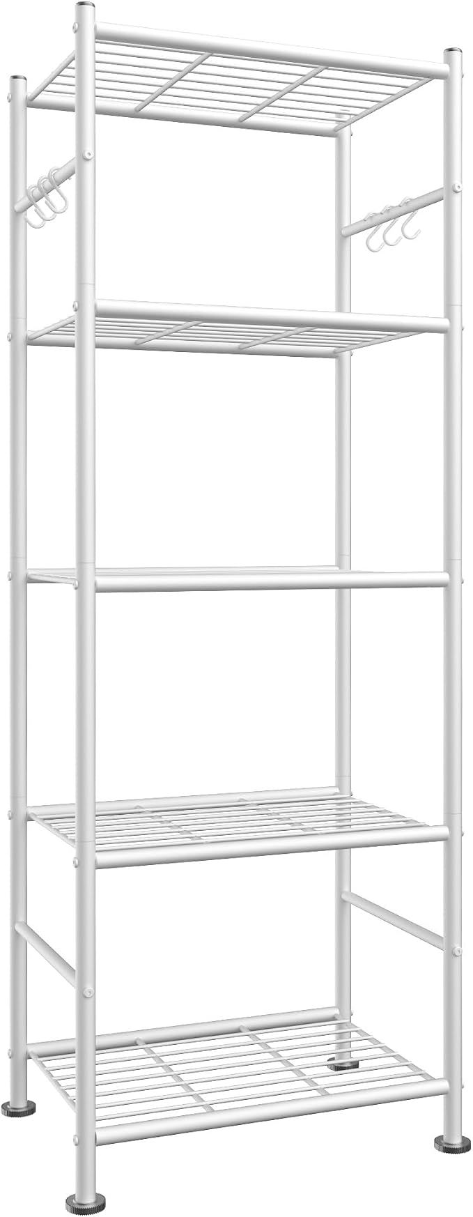 Sakugi Storage Shelves - 5-Tier Large Capacity Shelf Organizer with Hooks, Heavy-Duty Garage Shelving with Leveling Feet, Wobble-Free Rack for Bedroom, Balcony, Garage, 18.1"×12.4"×56.8", White