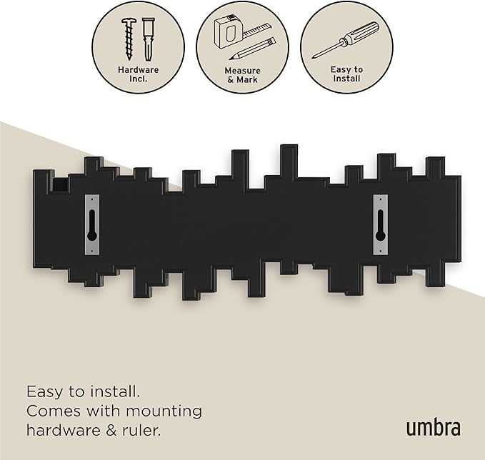 Umbra Sticks Wall Mount Coat Rack, 5 Hook Retractable Pegs, Black | Mounting hardware included, sculptural modern design, entryway or bedroom use, recycled plastic