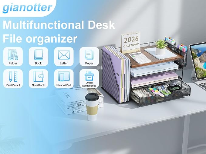 gianotter Desk Organizers and Accessories with File Holder, 4-Tier Desk Accessories & Workspace Organizers with Drawer and 2 Pen Holder, Paper Organizer for Office Supplies (Wood)