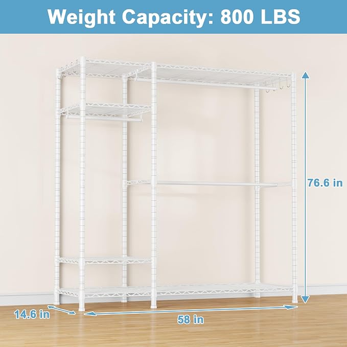 Ulif F7 Clothes Rack Heavy Duty, Clothing Racks for Hanging Clothes, White | Garment Rack with Shelves, 6-Tiers Freestanding Portable Closet Storage Racks 58'' W × 14.6'' D × 76.6'' H, Max Load 800 Lbs