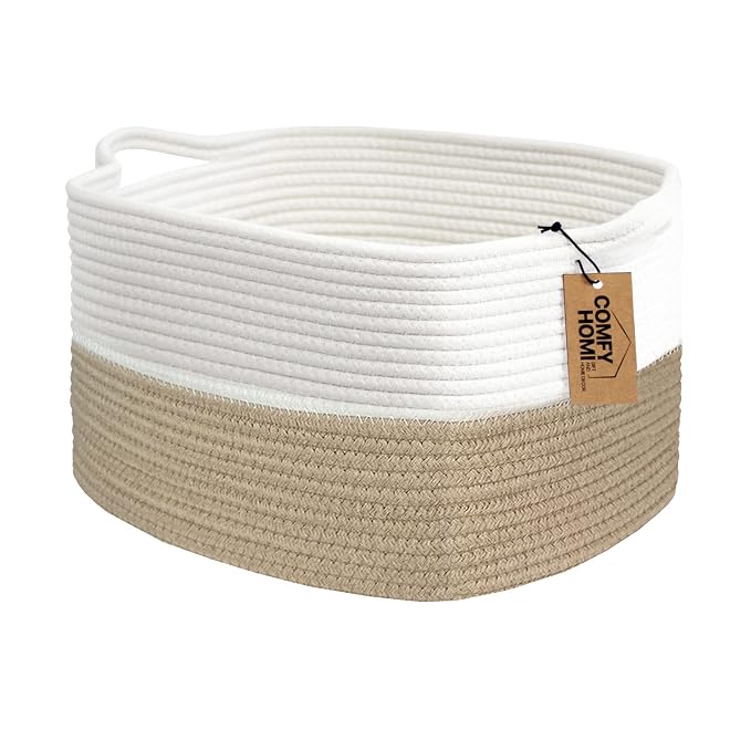 COMFY-HOMI Cotton Rope Woven Basket with Handles for Shelves,Toys,Book, Cloth Storage Baskets Bin for Organizing- 1 PCSToy Decorative Organizer for Living Room, Bathroom