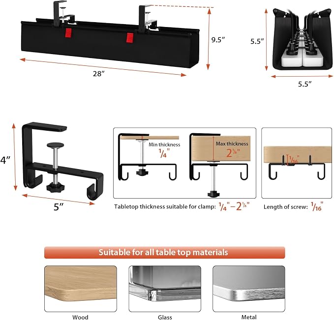 Univivi No Drill Under Desk Cable Management Tray, 28 inch Cable Management | Clamp/Screw Mount Cable Tray under desk, Premium Fabric Cord 0rganizer for Desk, Various Size Cord Organizer for Office, Home