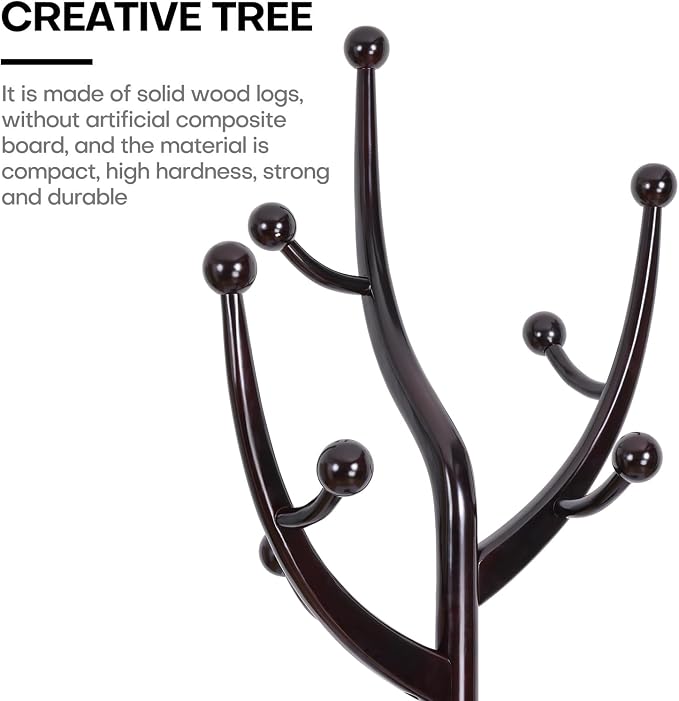 Bekrvio Tree Coat Rack Freestanding with Round Base, Red Brown | Unique Coat Hanger Stand, Heavy Duty Standing Coat Rack, For Jacket, Hat, Bags For Entryway / Hallway / Bedroom
