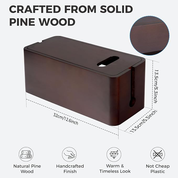 Large Wooden Cable Management Box, Cord Organizer for Power Strip, Surge Protector & Chargers, Ventilation Holes & Multi Cable Slots, Wire Hider for Desk, TV, Office & Gaming Setup