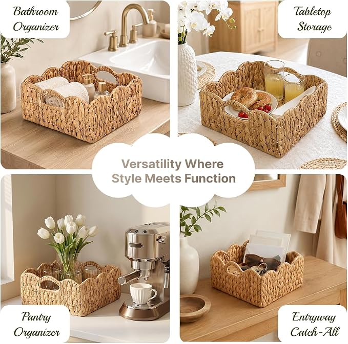 Scalloped Edge Wicker Basket, Hand-woven Rattan Storage Baskets with Built-in Handles, Water Hyacinth Basket for Organizing and Decor, 2 Pack (11 ½" L X 11 ½" W X 5 ¾" H)