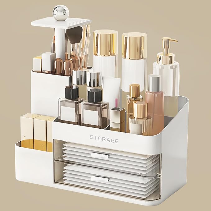 Large Makeup Organizer Countertop with Drawers, Make Up Organizer for Vanity, Makeup Storage Organizer Countertop Makeup Organizers for Skincare (Style2-White)