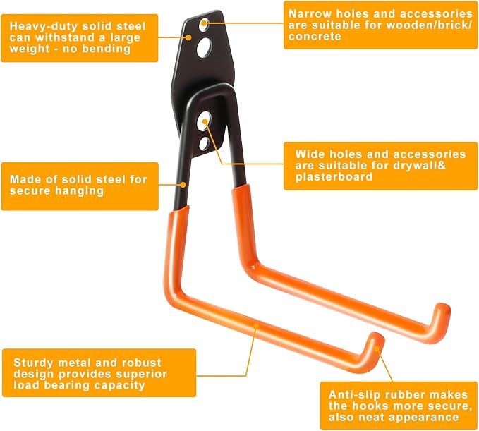 KURUI Heavy Duty Wall Hook for Tool/Water Hose, Garden Hose Holder Wall Mount for Indoors Outside, 2 Pack Garage Storage Hanger for Hanging Shovel/Ladder/Extension Cord, Metal Utility Hook Organizer