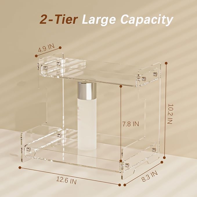 Bathroom Counter Organizer Countertop 2 Tier Storage Acrylic Corner Makeup Organizer for Perfume Stand, Vanity Holder, Dresser Tray, Spice Rack, Skincare, Coffee Bar, Room Decor (Clear)