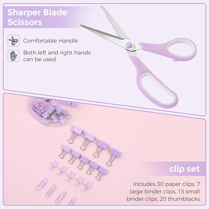 SKYDUE Purple Office Supplies, Purple Desk Organizer for Kids, Mesh Desk Organizer, Stapler, Tape Dispenser, Scissors, Binder/Paper Clips and 1000pcs Staples, Girls Desk Accessories