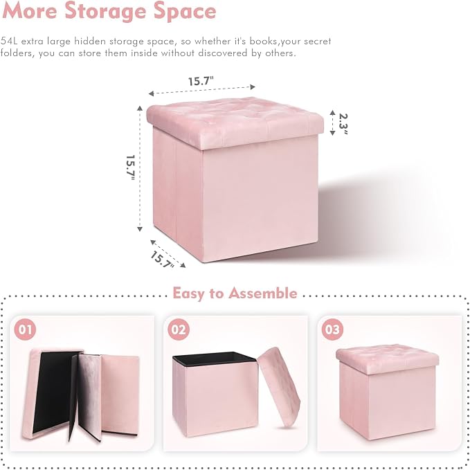B FSOBEIIALEO Storage Ottoman Cube, Velvet Tufted Folding Ottomans with Lid, Footstool Rest Padded Seat for Bedroom (Pink, Medium)