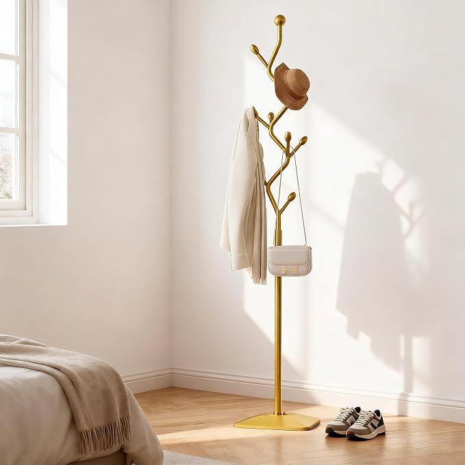Tree-shaped coat rack stand,Metal coat tree with 8 Hooks and sturdy cast iron base,Heavy Duty coat rack freestanding coat hanger stand for Clothes Hats Scarfs Purses (gold)