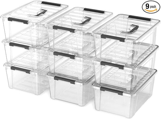 Clear 9-Pack Plastic Storage Bins with Lids, 6 Quart Stackable Containers Organization with Latch Buckle