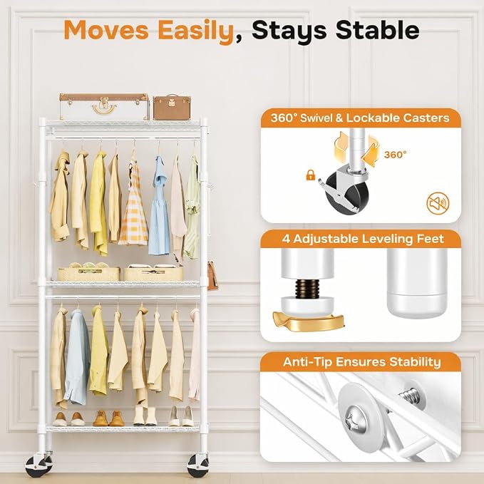 Simple Deluxe Rolling Clothes Rack, Heavy Duty Clothing Rack, 3-Shelf Portable Adjustable Wardrobe Closet with Wheels, Hanging Rods & Side Hooks, 29.5" W x 15.7" D x 75.6" H, White