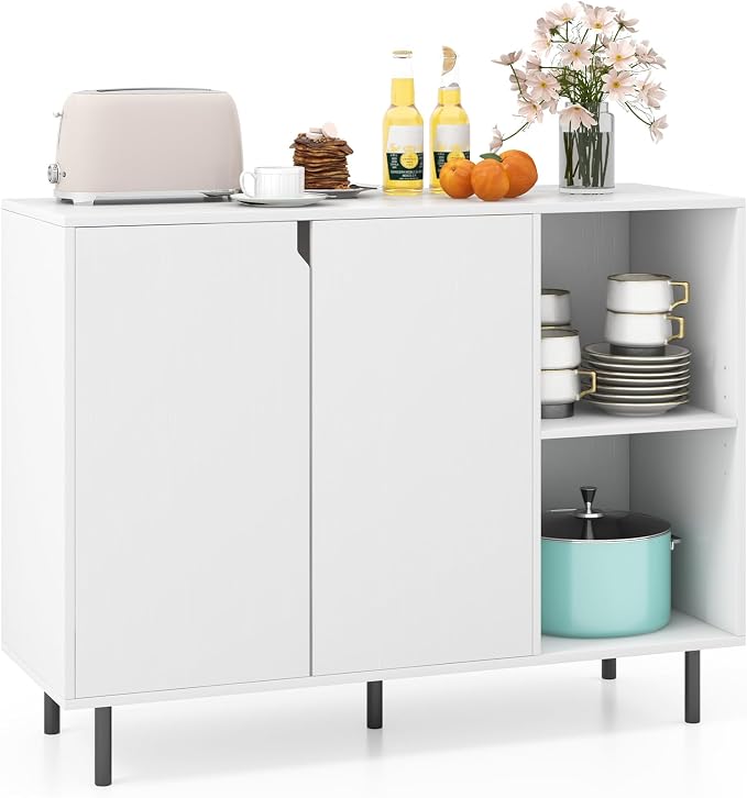 Giantex Buffet Cabinet with Storage, Wooden Sideboard with 2-Door Cabinet, 2 Cubes, 5-Position Adjustable Shelves, 5 Metal Legs, Anti-Toppling Device, Modern Furniture for Kitchen Living Room (White)