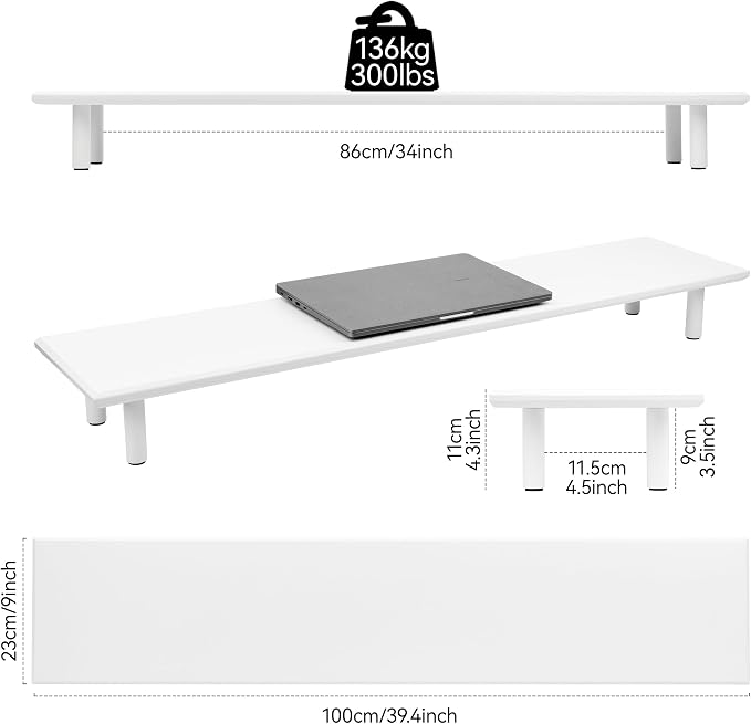 Bamboo Dual Monitor Stand Riser, White Desk Shelf with Storage | 39.37-Inch Wide, 3.5-Inch Clearance, Fits Keyboards, Soundbars and Two 24-Inch Monitors for Home Office