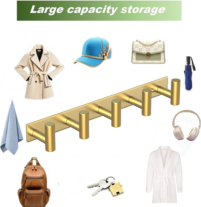 Wall Mounted Coat Rack-5 Hooks, Heavy Duty Stainless Steel Wall Hooks for Towel Coat Bag, Hat Rack Coat Hanger Coat Hooks Towel Racks for Bathroom Entryway Kitchen Hotel Office (Gold, 1 Pack)