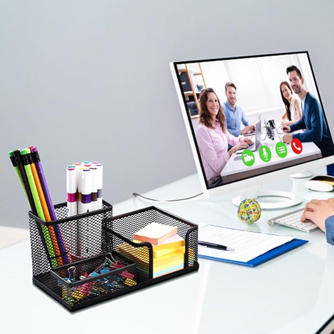 2-Piece Desk Pen & Pencil Organizer - Mesh Metal Pen Cup with Sticky Notes Holder, Black | Pen Cup