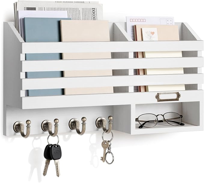 FifthQuarter Mail Holder for Wall with 2 Mail Shelf and 4 Sturdy Key Hooks | Wooden Entryway Organizer and Decorative, Easy Installation