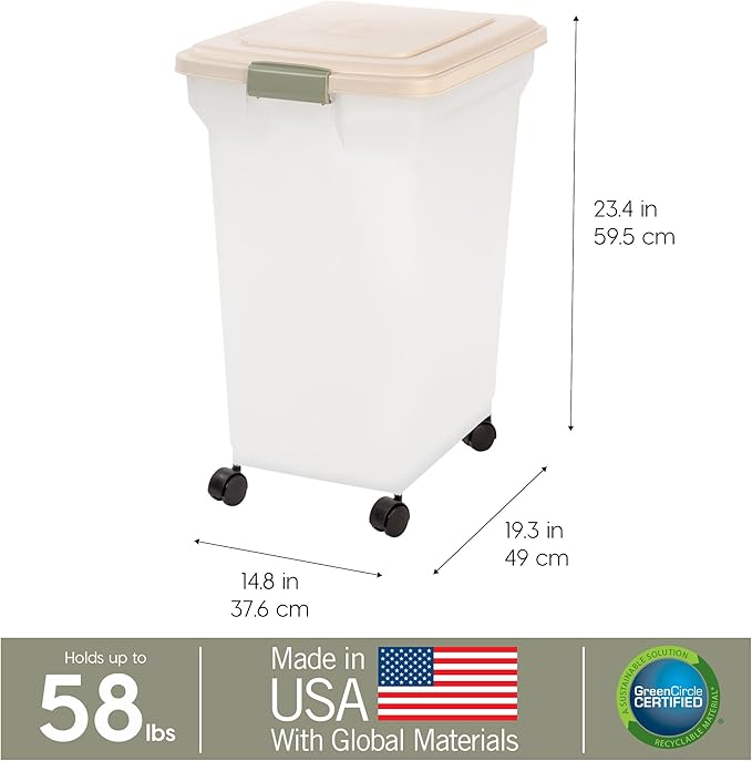 IRIS USA Dog Food Storage Container, Up to 58lbs, Almond/Pearl, Made in USA | Wheels for Mobility, Airtight Seal, BPA-Free, Best for Bird Seed, Cat food, Cat Litter, Chicken Feed, Pellets