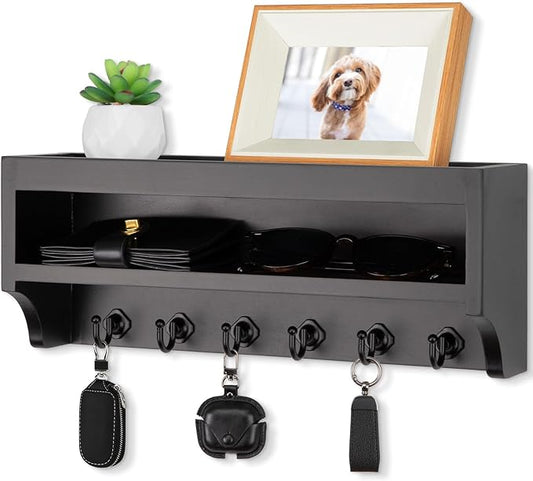 Nekon Key Holder Wall Mount, 12.8" W x 5.6" H x 3.7" D Wall Mounted Key and Mail Organizer with 6 Key Hooks, Key Racks for Home Entryway Decor (Black)