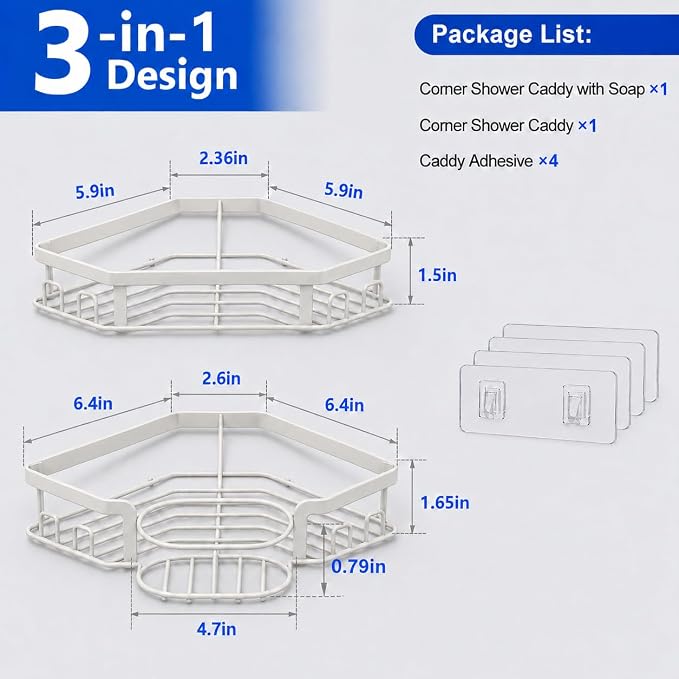 Corner Shower Caddy, Rustproof Shower Organizer with Soap Holder and 8 Hooks, No Drilling Adhesive Shower Shelves for Inside Shower, Large Capacity Shower Rack for Bathroom Shower Storage, White