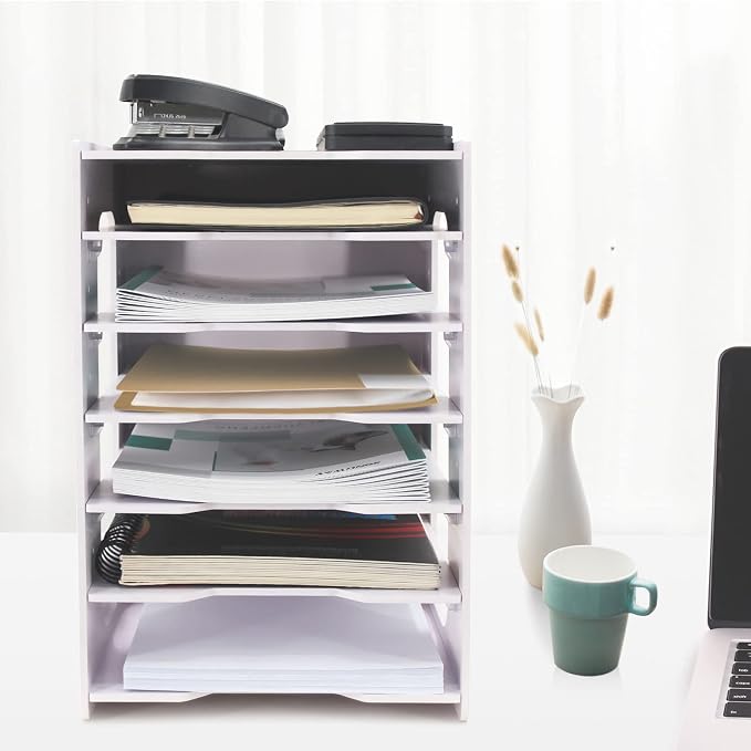 SONGWAY File Organizer for Desk - 7 Tier Document Holder with Removable Shelves, Letter Mail Rack, File Sorter Organizer, A4 Paper Storage Holder, Desktop Organizer for Home Office School, White