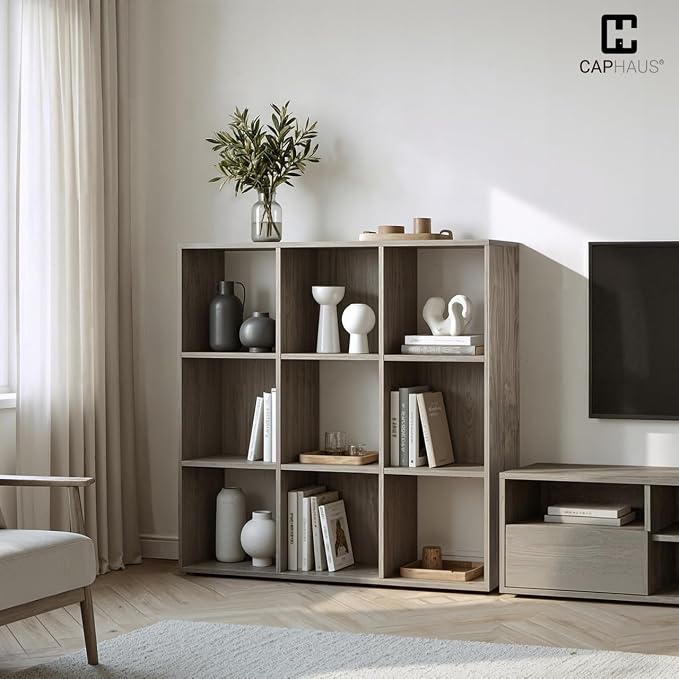 CAPHAUS Sturdy Room 11-Inch Cube Storage Organizer Shelf, with Thick Exterior Edge, Storage Shelf Divider w/Back, Bookcase, 9-Cube, Natural Oak