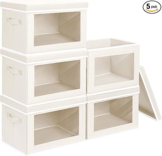 Homsorout Storage Bins with Lids - Large Decorative Basket with Lids, Fabric Foldable Closet Organizer Bins, Stackable Shelf Organizer for Living Room, Dorm, 5 Pack, Beige