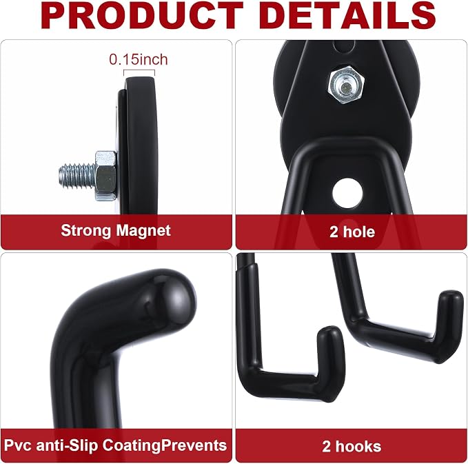Landhoow 38 Pcs Large Magnetic Hooks Heavy Duty Garage Magnet Hooks Strong Storage Utility Magnetic Hangers with Anti Slip Rubber Coating for Indoor and Outdoor Hanging (Black)