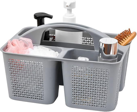 Plastic Portable Shower Caddy Basket with Handle, 3 Compartments, Grey | Storage Organizer with Drain Holes, Sturdy and Durable For Bathroom, Kitchen, College Dorm, Sink, Camping