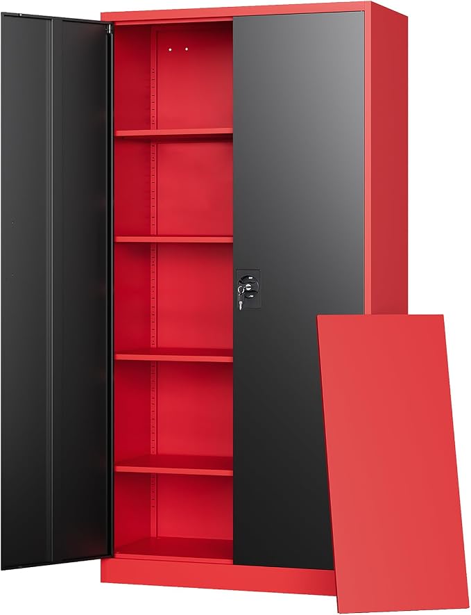 Letaya Metal Storage Cabinets with Lock, 72" Tall Locker Organizer Steel Cabinets, Adjustable Layers Shelves 2 Doors for Home, Office, Warehouse,Garage(Black Red)