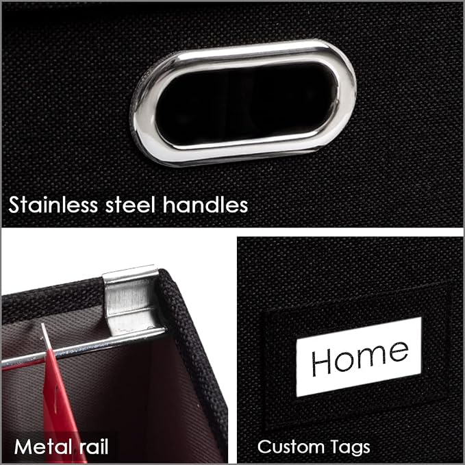 File Organizer Box - Set of 1 Collapsible Decorative Linen Filing Storage Hanging File Folders with Lids Office Cabinet Letter/Legal Size Black (17x14x11.2 inch)