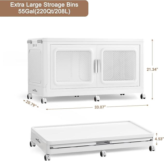 BROVIEW 220 Qt/55 Gal Stackable Storage Bins with Lids, 1 Pack, White | Large Stackable Storage Boxes w/ 1 Lid Folding Plastic Cart Organizer for Home Kitchen, Open Front Clear Door with Wheels