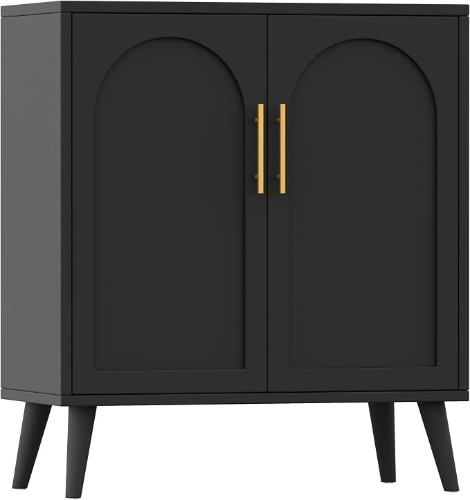 Keehusux 15.7" D Black Storage Cabinet with 2 Doors & Adjustable Shelf | Accent Buffet Sideboard Solid Wood Legs, Coffee Bar, Modern Floor Storage Cabinet for Kitchen, Living Room