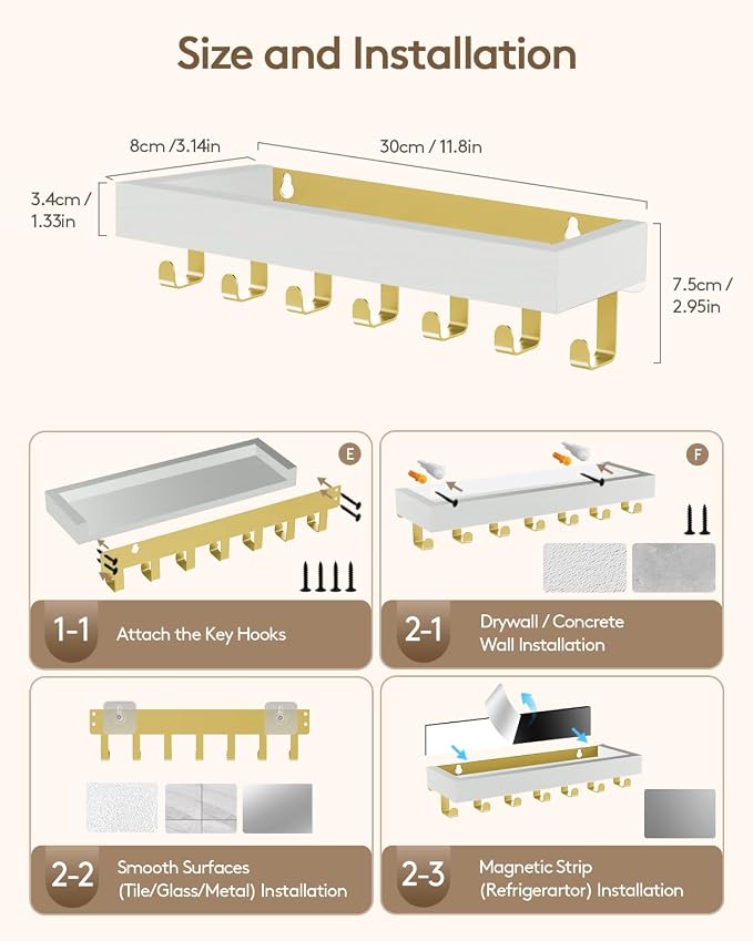 Key Holder Wall Mount Magnetic Adhesive - Key Hooks Rack with shelf | Key Hanger with Mail Organizer for RV Camper Fridge Living Room Decor, Home Essentials, Large Gold White