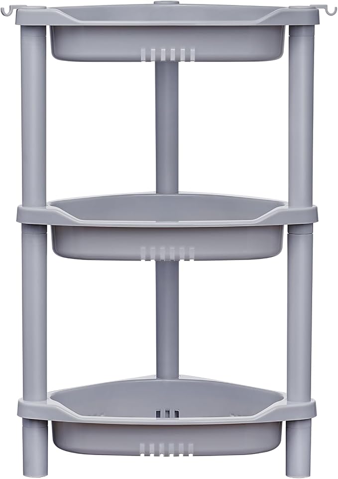 ELYKEN Corner Shower Caddy Standing, 3 Tier Plastic Shower Organizer, Grey | Rustproof Plastic Shower Shelves with Hook for Storing Bath Essentials in Bathroom corner, Bathtub