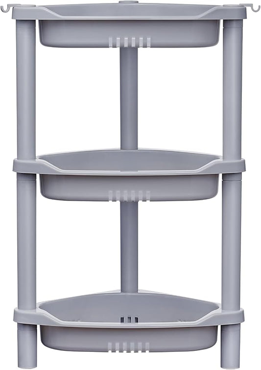 ELYKEN Corner Shower Caddy Standing, 3 Tier Plastic Shower Organizer, Grey | Rustproof Plastic Shower Shelves with Hook for Storing Bath Essentials in Bathroom corner, Bathtub