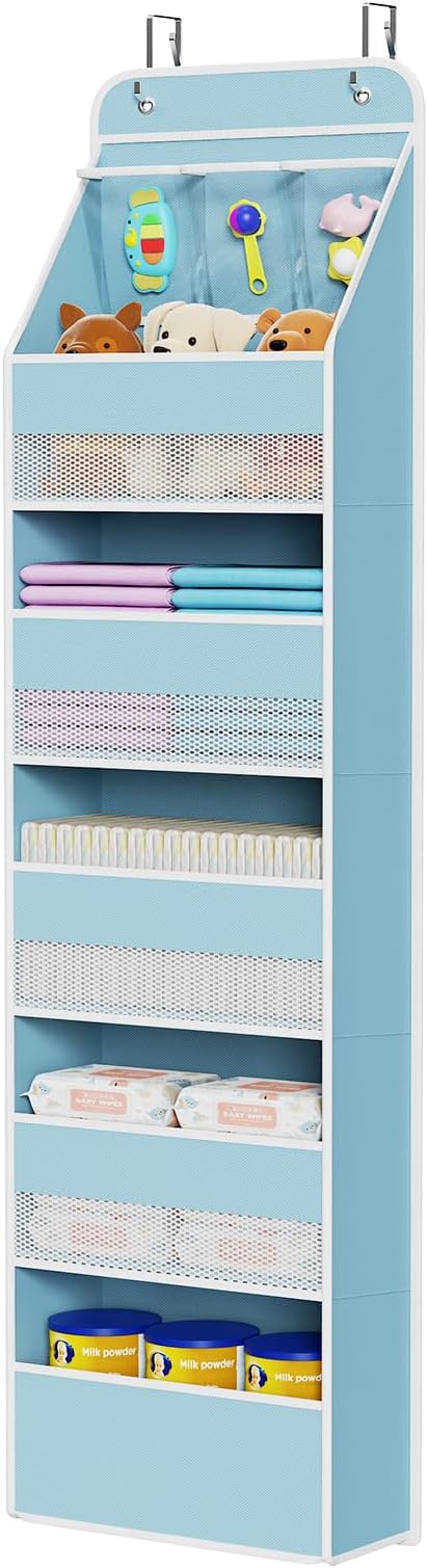 Univivi Fabric Over Door Hanging Organizer for Baby Nursery, Blue, 6-Shelf | Door Storage with Large Capacity Breathable Mesh Pockets, Over the Door Baby Organizer for Baby Essential, Bedroom, and Dorm