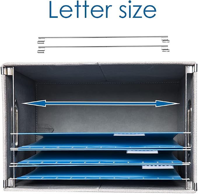 File Organizer Box - Set of 4 Collapsible Decorative Linen Filing Storage Hanging File Folders with Lids Office Cabinet Letter Size Light Grey (14x9.3x10.8 inch)