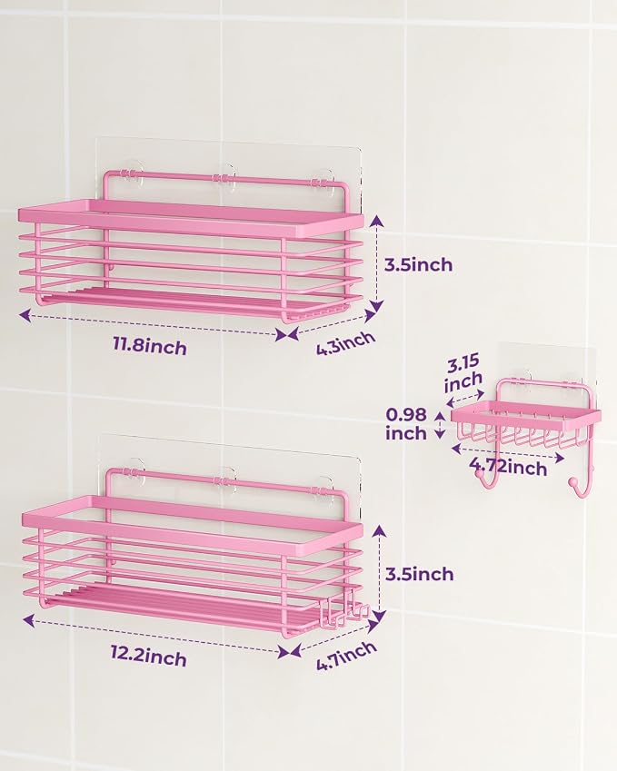 Shower Caddy Adhesive 3 Pack Stainless Steel Storage Organizers-Pink | No drilling wall mounted,rust-resistant,large capacity,quick drainage,easy to clean,suitable for bathrooms and kitchens